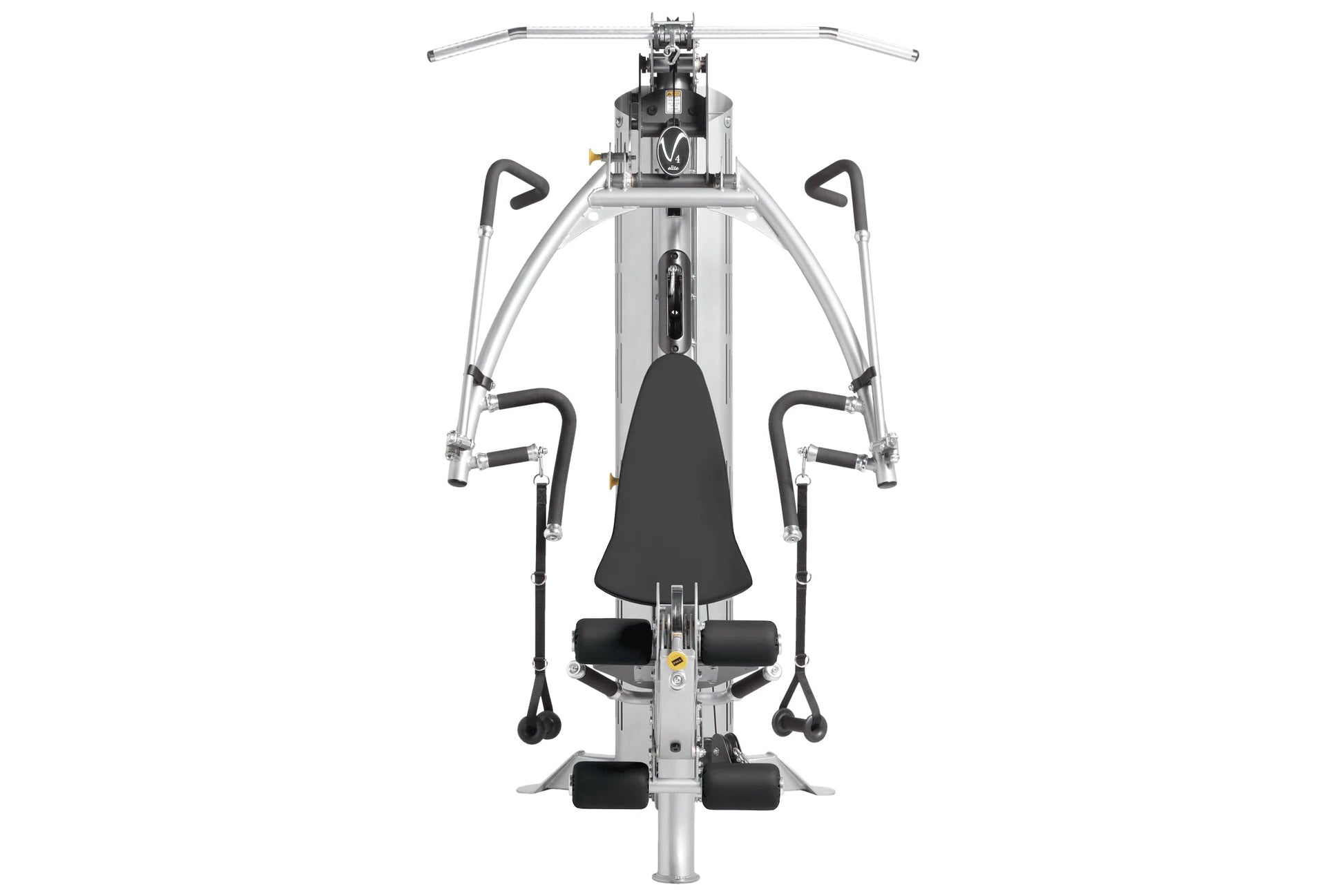 Hoist V4-Elite home gym with silver frame, black seat and handles, dual cable arms, and foot pedals, overhead view on white b