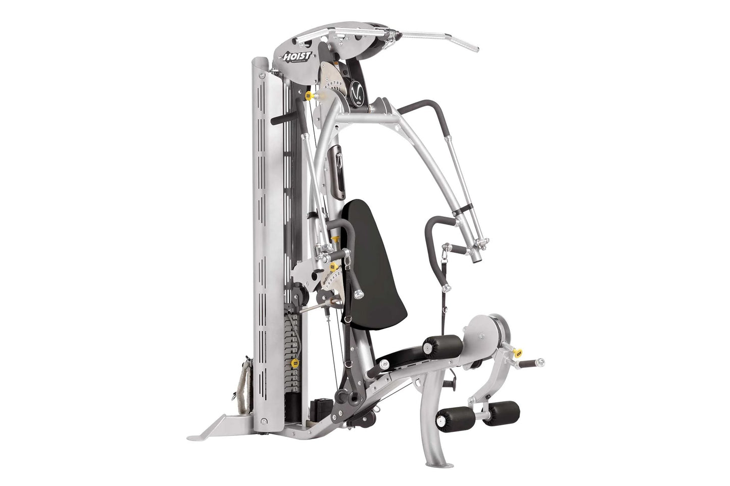 Silver and black multi-station home gym with lat pulldown, leg press, and chest press equipment on white background