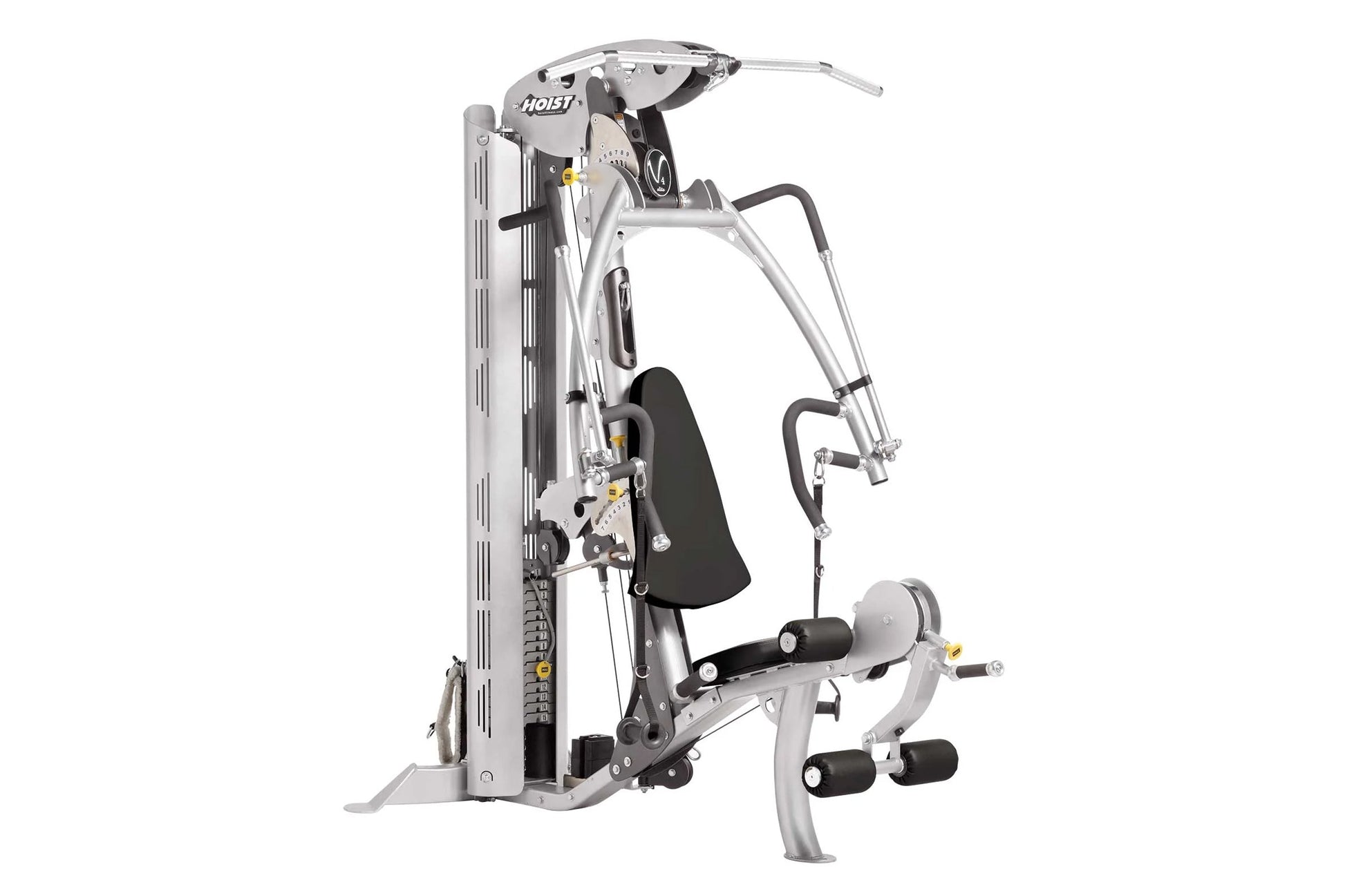 Silver and black multi-station home gym with lat pulldown, leg press, and chest press equipment on white background