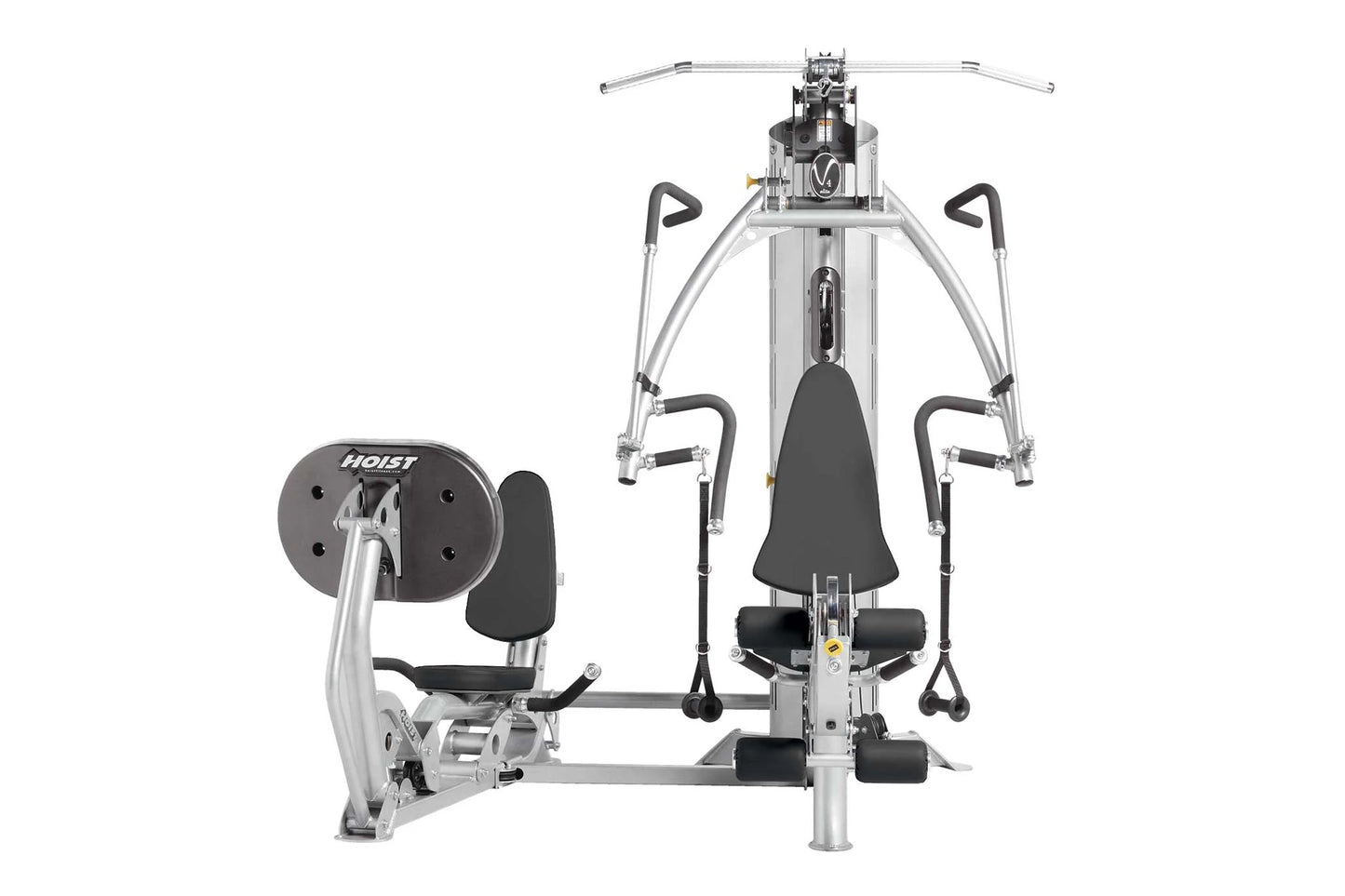 Hoist V4-Elite home gym with silver frame, black seat and handles, dual-station design on white background