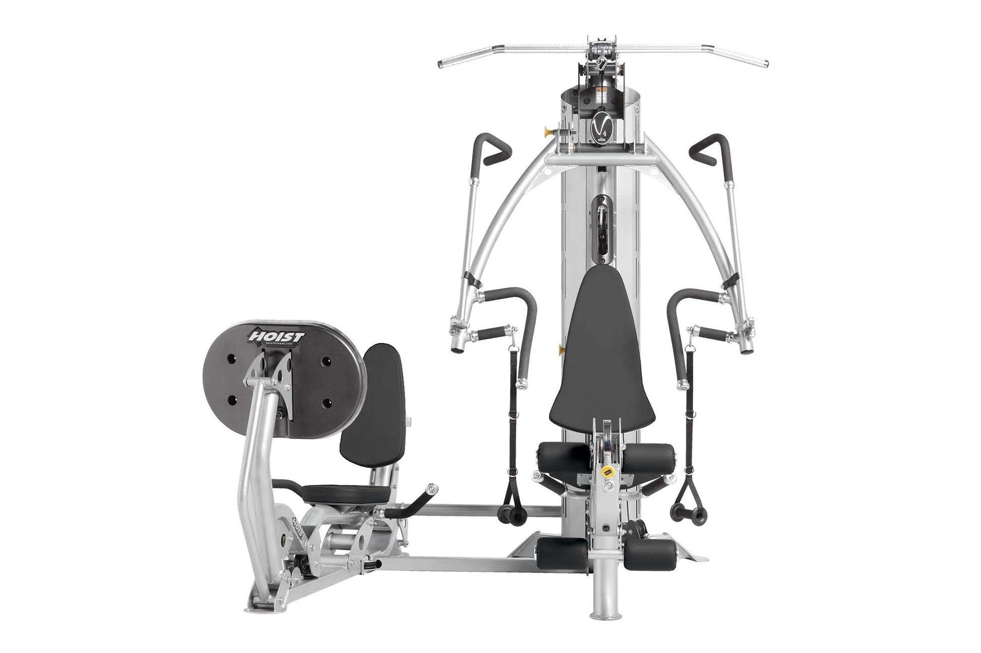 Hoist V4-Elite home gym with silver frame, black seat and handles, dual-station design on white background
