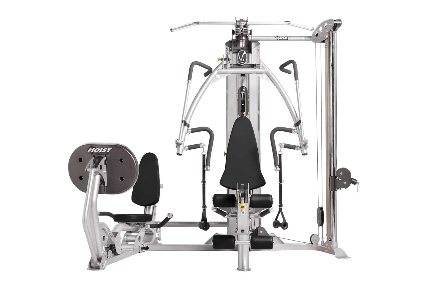Hoist V4-Elite home gym with silver frame, black seat and handles, dual weight stacks, on white background