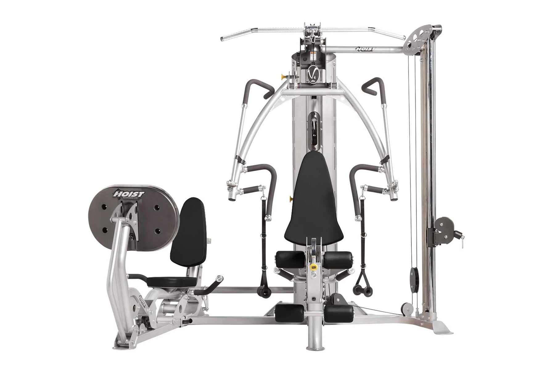 Hoist V4-Elite home gym with silver frame, black seat and handles, dual weight stacks, on white background