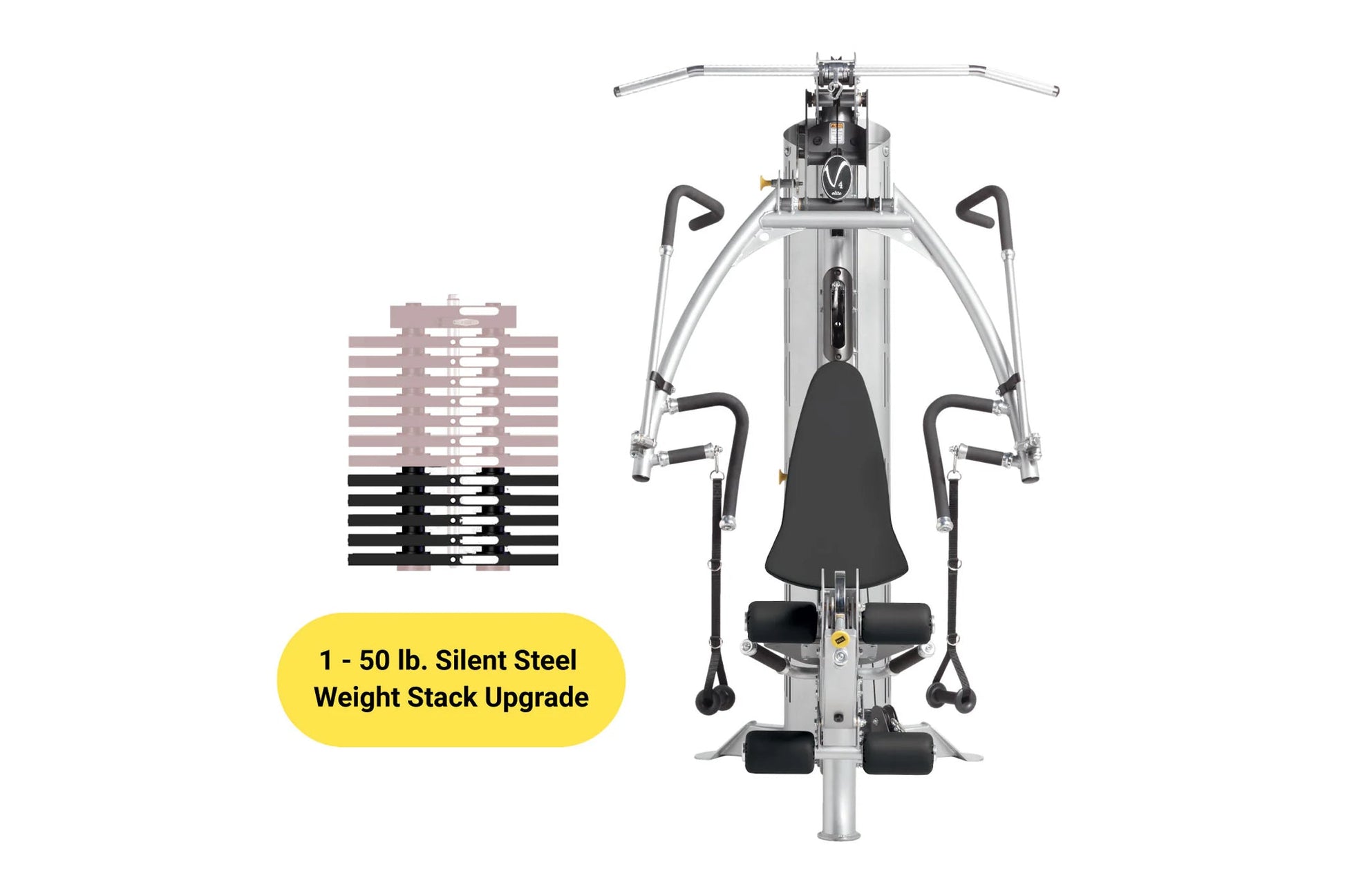 Hoist V4-Elite home gym with silver frame, black seat and handles, viewed from front, includes 1-50 lb silent steel weight st
