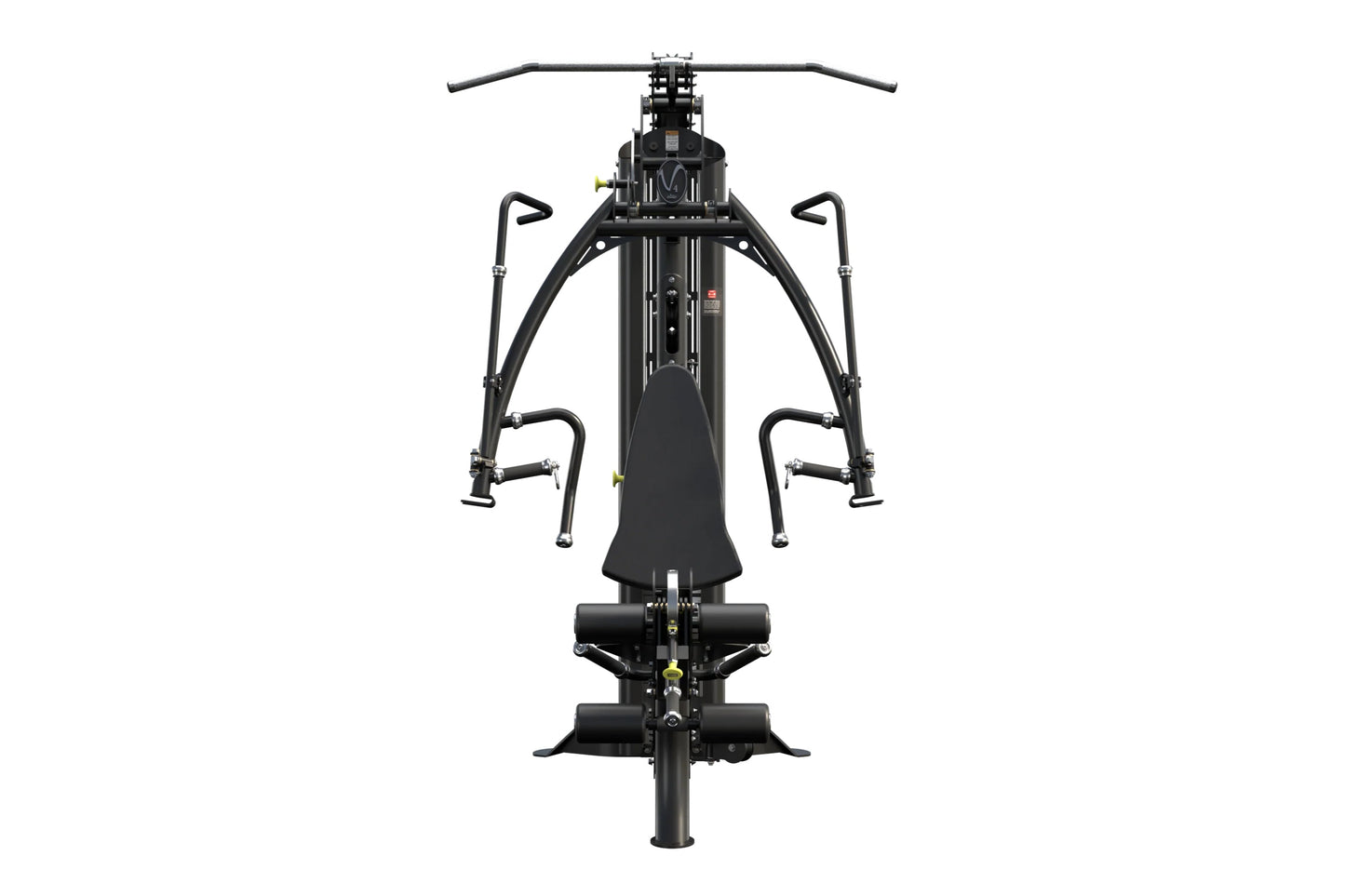 Black multi-station home gym with dual handles, horizontal bar, and leg press base, viewed from front on white background