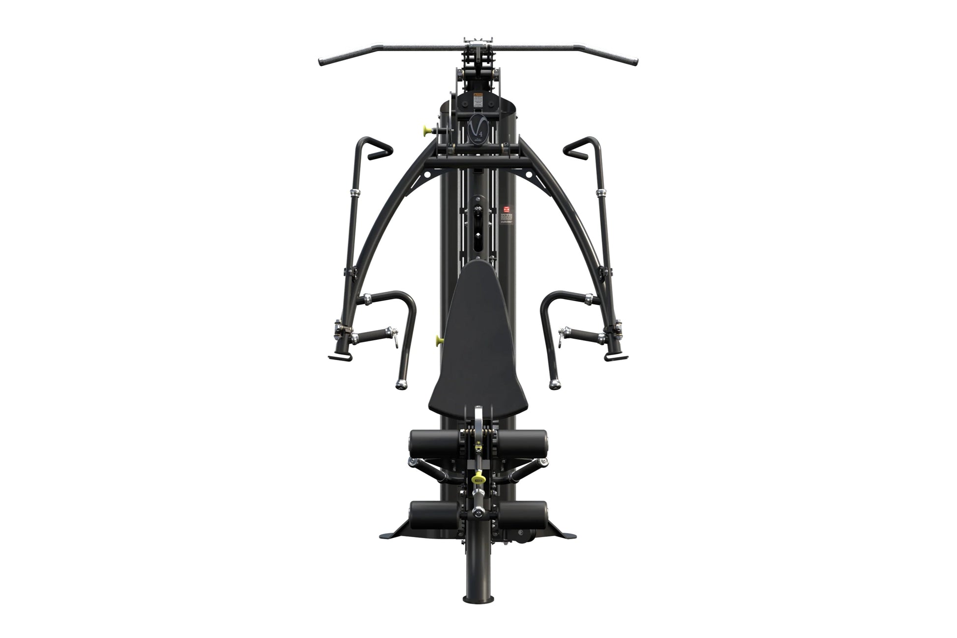 Black multi-station home gym with dual handles, horizontal bar, and leg press base, viewed from front on white background