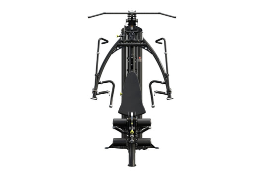 Black multi-station home gym with dual handles, horizontal bar, and leg press base, viewed from front on white background