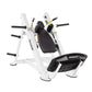 Hoist Hack Squat machine with white frame, black padded seat and shoulder pads, yellow accents, on white background
