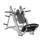 Hoist Hack Squat machine with silver frame, gray padded backrest, black handles, and footplate on white background