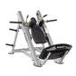 Hoist Hack Squat machine with silver frame, black padded seat and backrest, yellow accents, and multiple black handles on whi