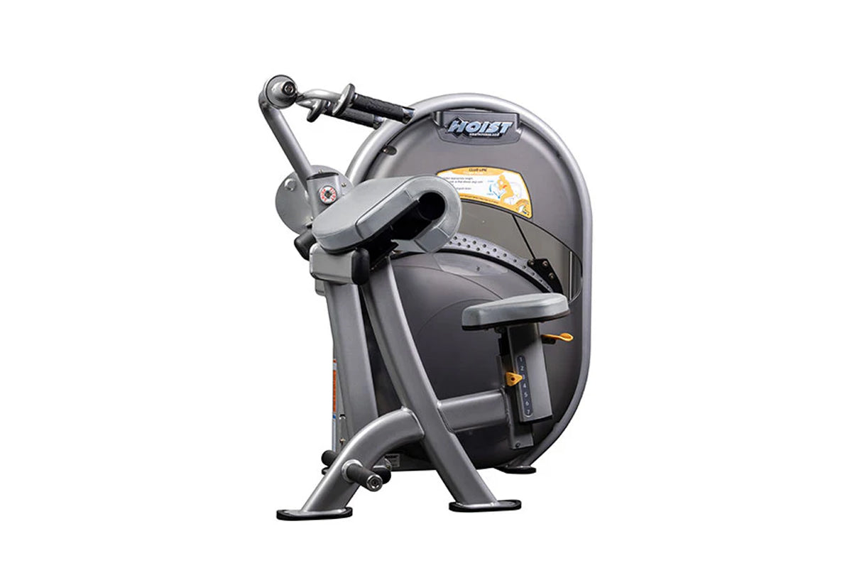 Hoist Triceps Extension weight machine with gray frame, black seat, and handlebar controls on white background