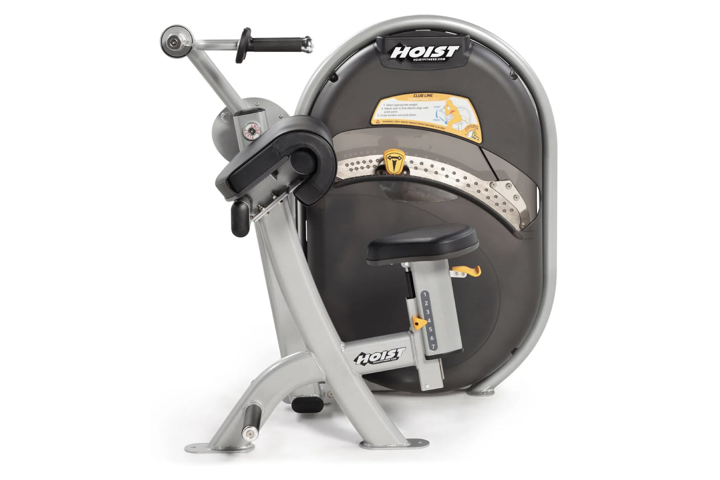 Hoist Triceps Extension machine with gray frame, dark gray padded seat, and adjustable arm lever, on white background