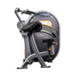 Gray and black Hoist Triceps Extension machine with padded seat, handlebar controls, and stabilizing base on white background