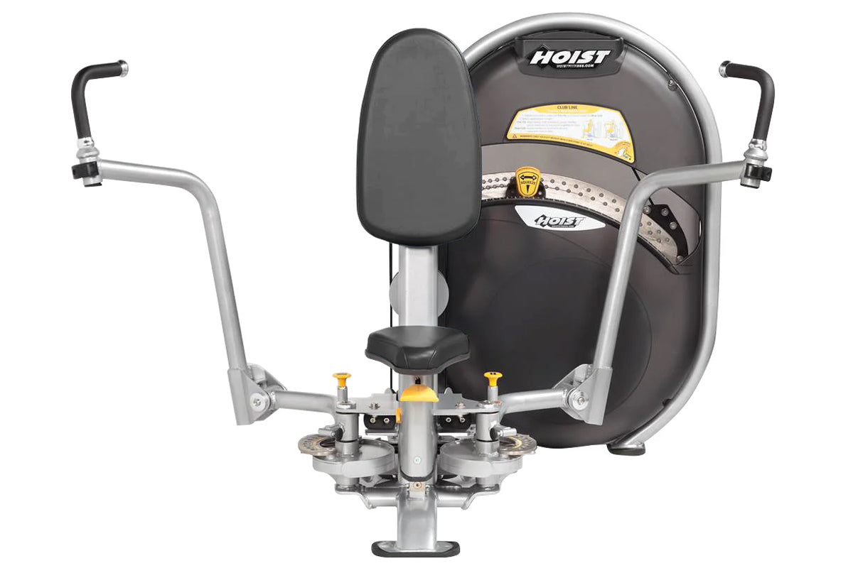 Hoist Club Line Pec Fly/Rear Delt machine with gray frame, black padded seat and back support, dual arm handles, and yellow a