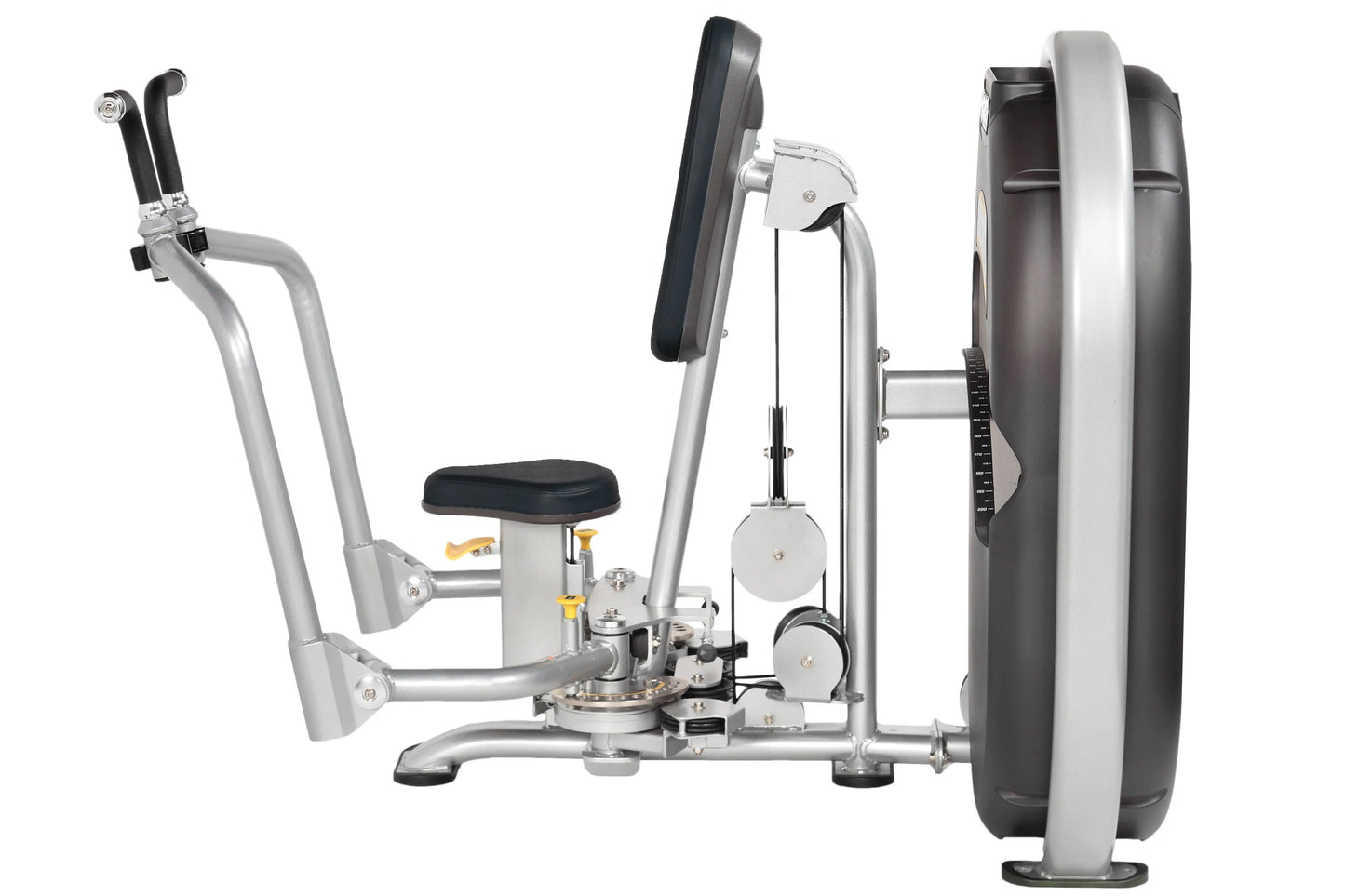 Hoist Club Line Pec Fly Rear Delt machine with silver frame, black seat, and large weight plate on white background