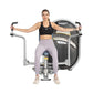 Woman using black and silver Hoist pec fly machine with handles extended, wearing black sports bra and lavender leggings on w