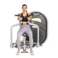 Woman wearing black sports bra and lavender leggings using Hoist Club Line Pec Fly/Rear Delt machine with gray frame and blac