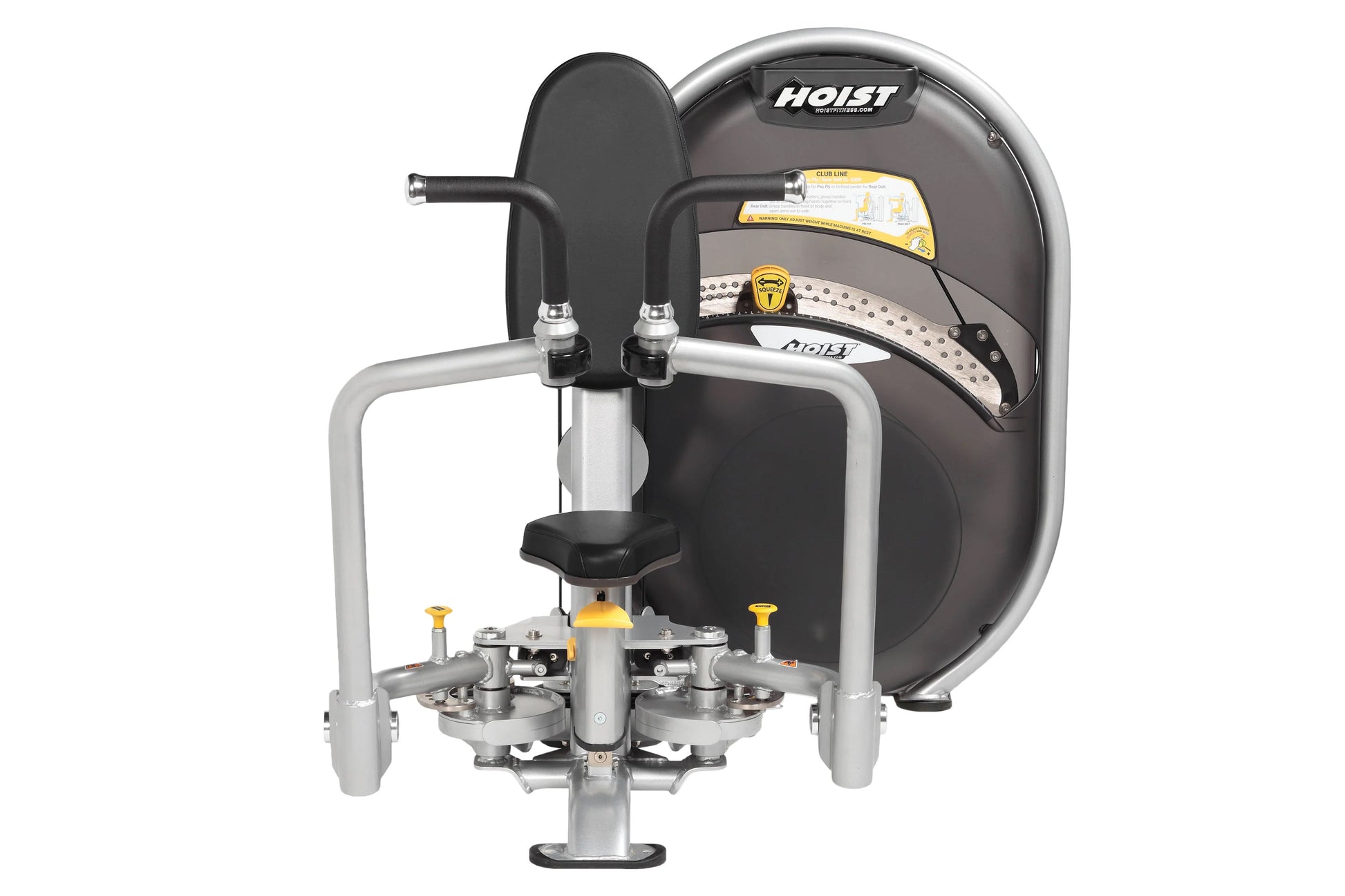 Hoist Club Line Pec Fly/Rear Delt machine with gray frame, black seat and back pad, dual handles, and yellow accents on white