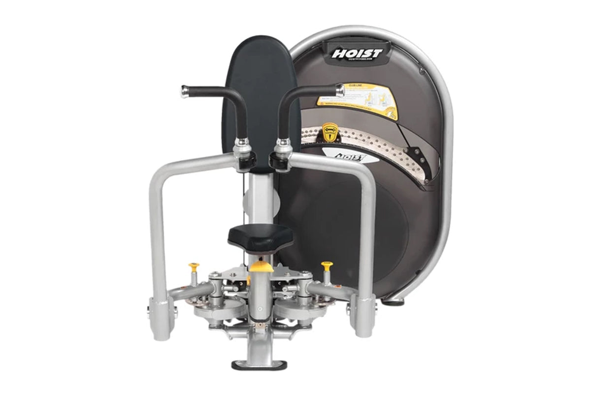 Hoist Club Line Pec Fly/Rear Delt machine with black padded seat and gray frame on white background