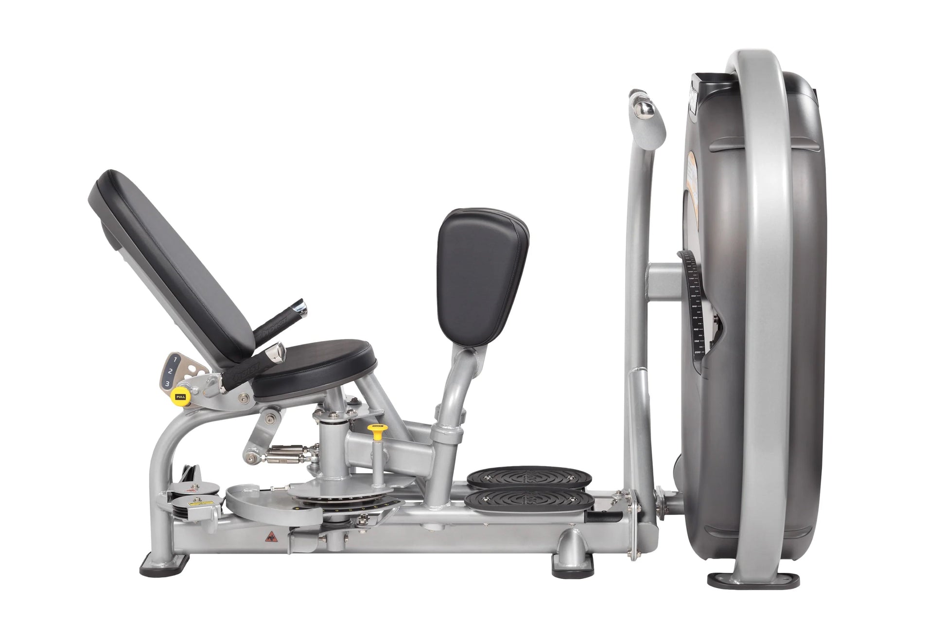 Hoist Club Line Inner/Outer Thigh machine with silver frame, black padded seat and leg extension, on white background