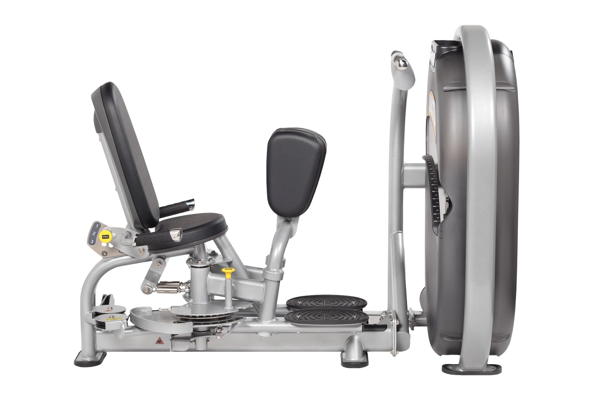 Hoist Club Line leg press machine with silver frame, black padded seat and footrest, side view on white background
