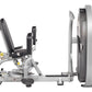Hoist Club Line leg press machine with silver frame, black padded seat, and large weight plate attachment on white background