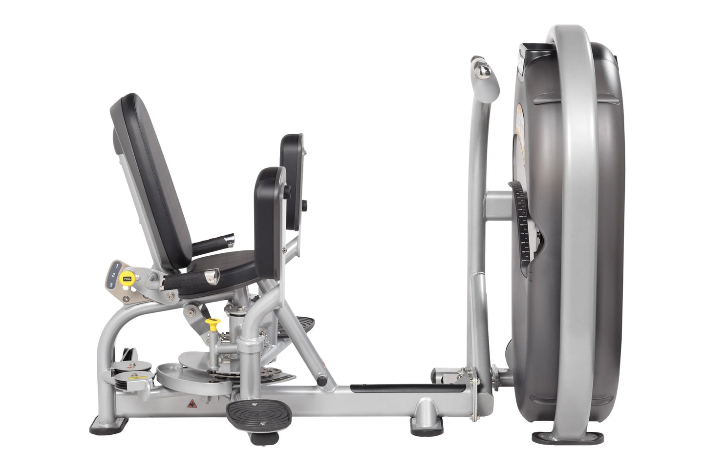 Hoist Club Line leg press machine with silver frame, black padded seat, and large weight plate attachment on white background
