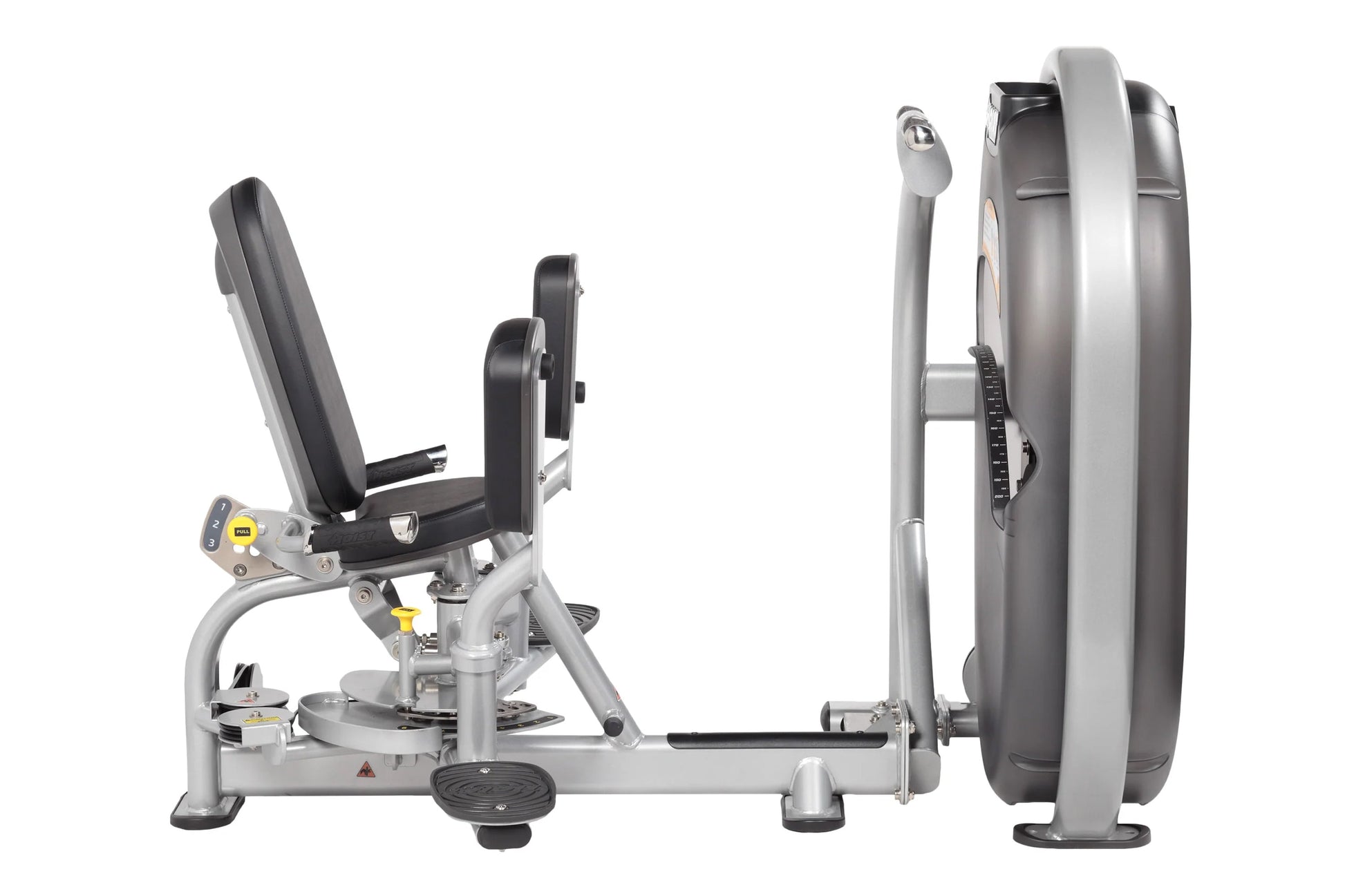 Hoist Club Line leg press machine with silver frame, black padded seat, and large weight plate attachment on white background