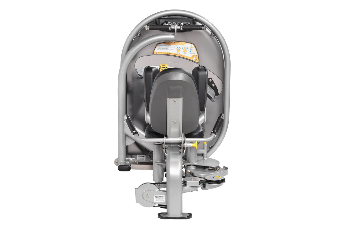 Hoist Club Line Inner/Outer Thigh machine with gray shell, black padded seat, and metal base shown from front view