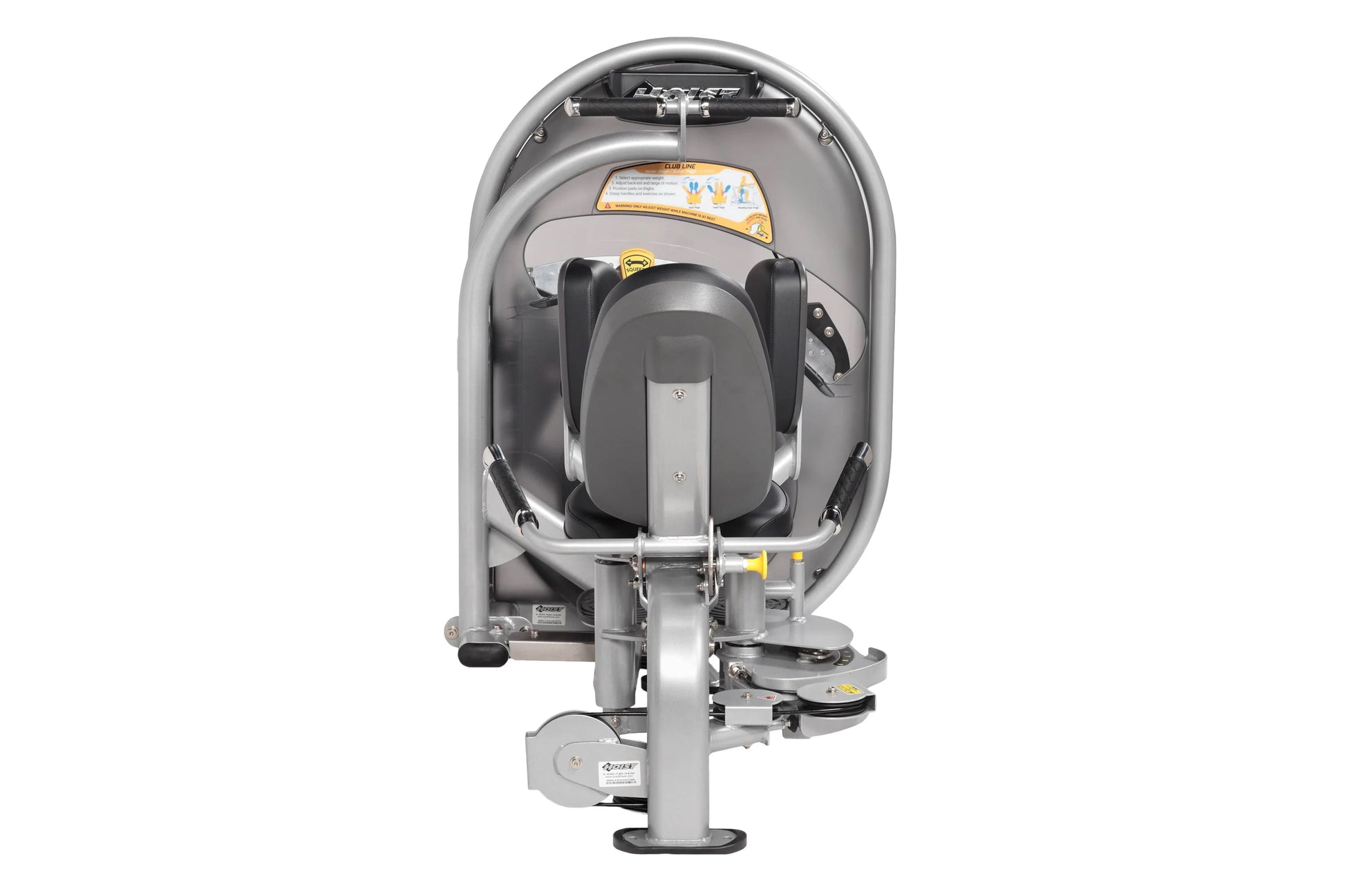 Hoist Club Line Inner/Outer Thigh machine with gray shell, black padded seat, and metal base shown from front view