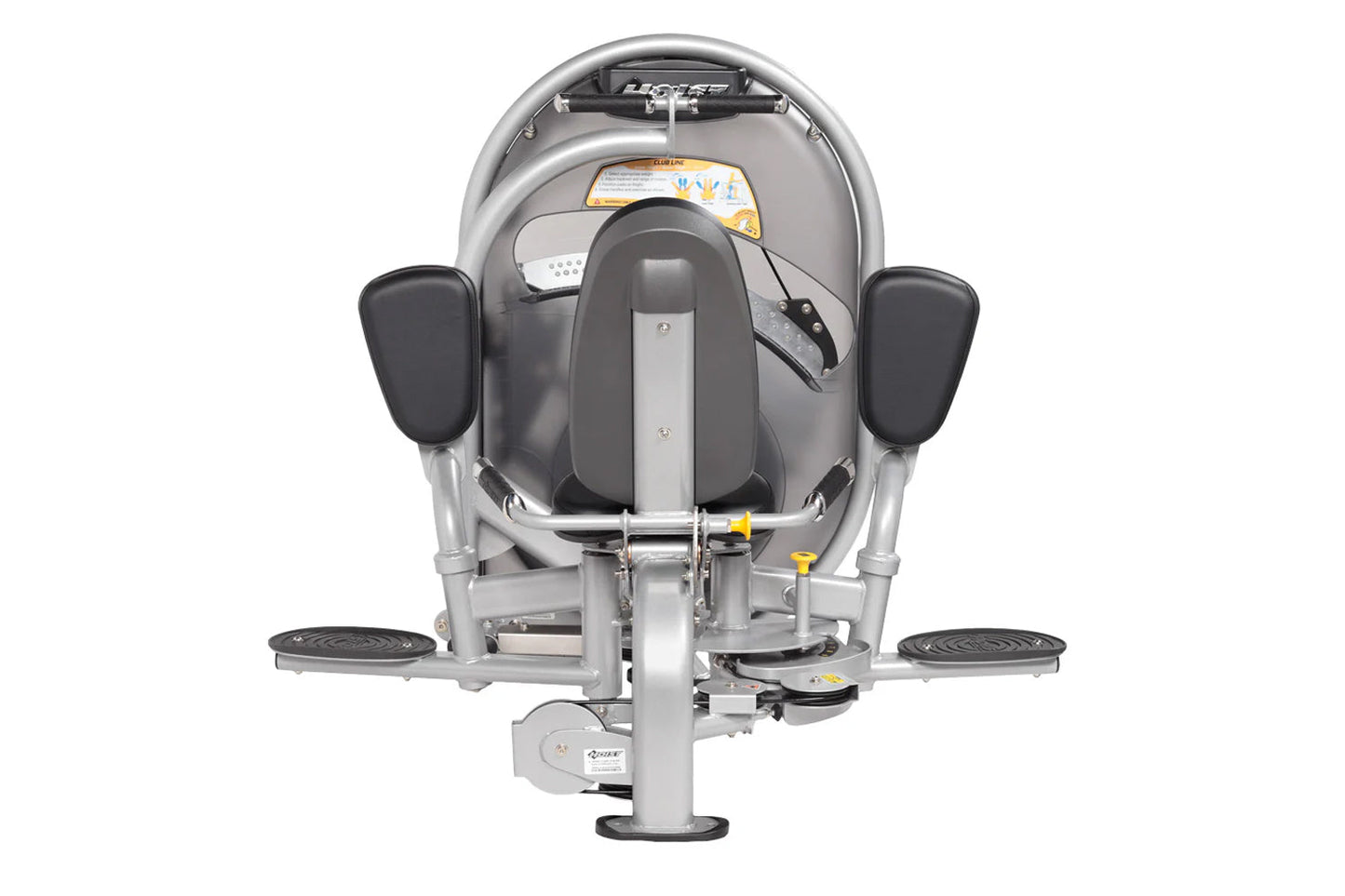 Hoist Club Line inner and outer thigh exercise machine with gray frame, black padded seat and armrests, viewed from front on 