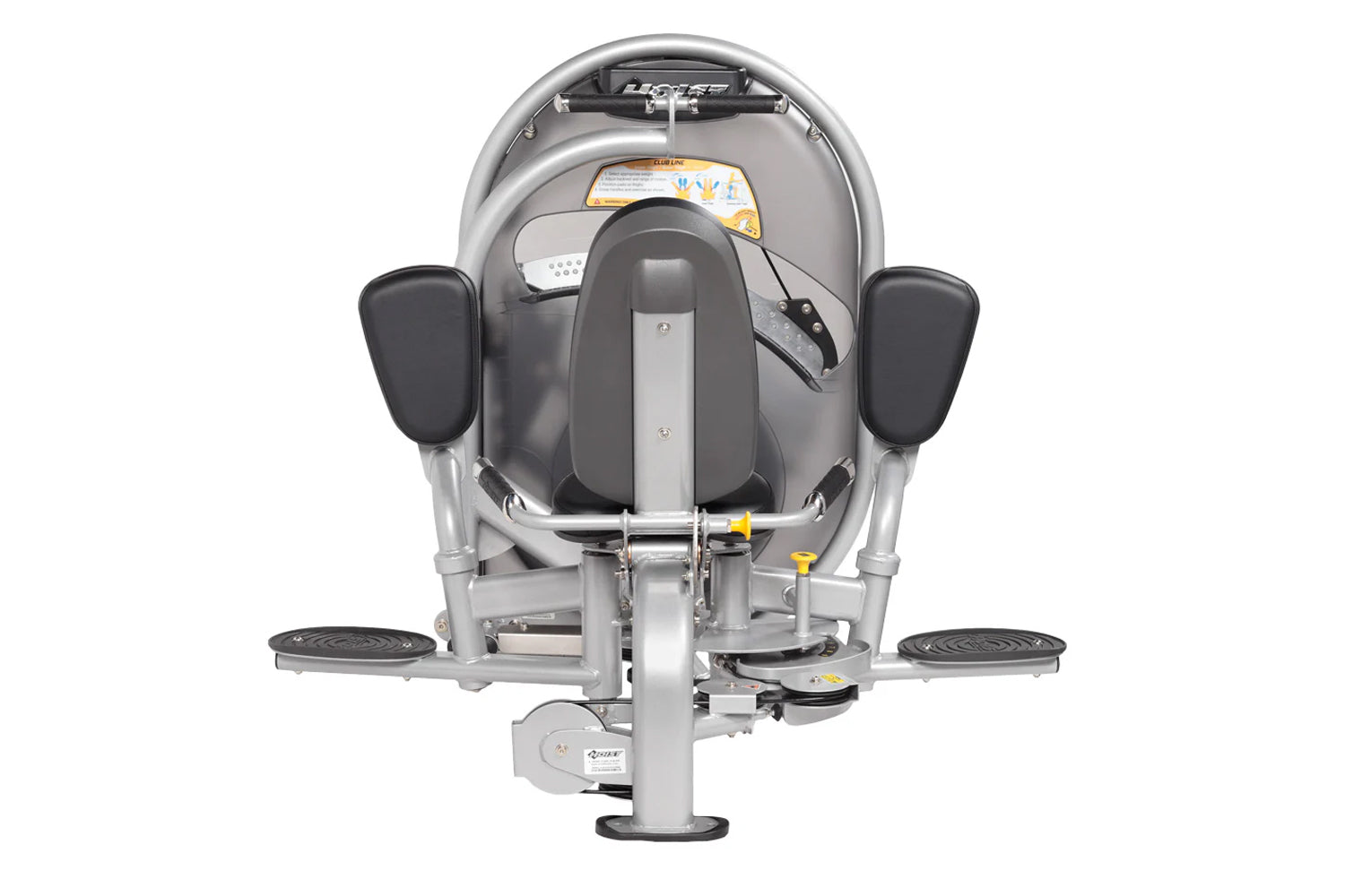 Hoist Club Line inner and outer thigh exercise machine with gray frame, black padded seat and armrests, viewed from front on 