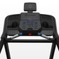Horizon 5.0 AT treadmill with black frame, digital console with blue display, dual handles with blue grips, and preset button