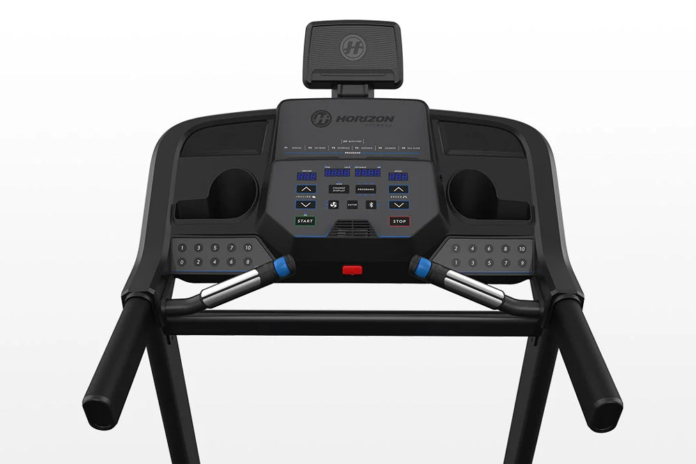 Horizon 5.0 AT treadmill with black frame, digital console with blue display, dual handles with blue grips, and preset button