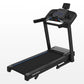 Black motorized treadmill with blue accent stripe, digital console with blue display, adjustable incline, and tablet holder o