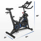 Black and blue stationary indoor exercise bike with digital console display, mounted handlebars, and adjustable seat, shown w