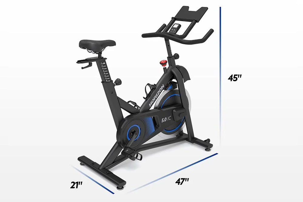 Black and blue stationary indoor exercise bike with digital console display, mounted handlebars, and adjustable seat, shown w