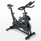Horizon 5.0 IC indoor cycling bike with black frame, blue wheel accents, padded seat, and extended handlebars on white backgr
