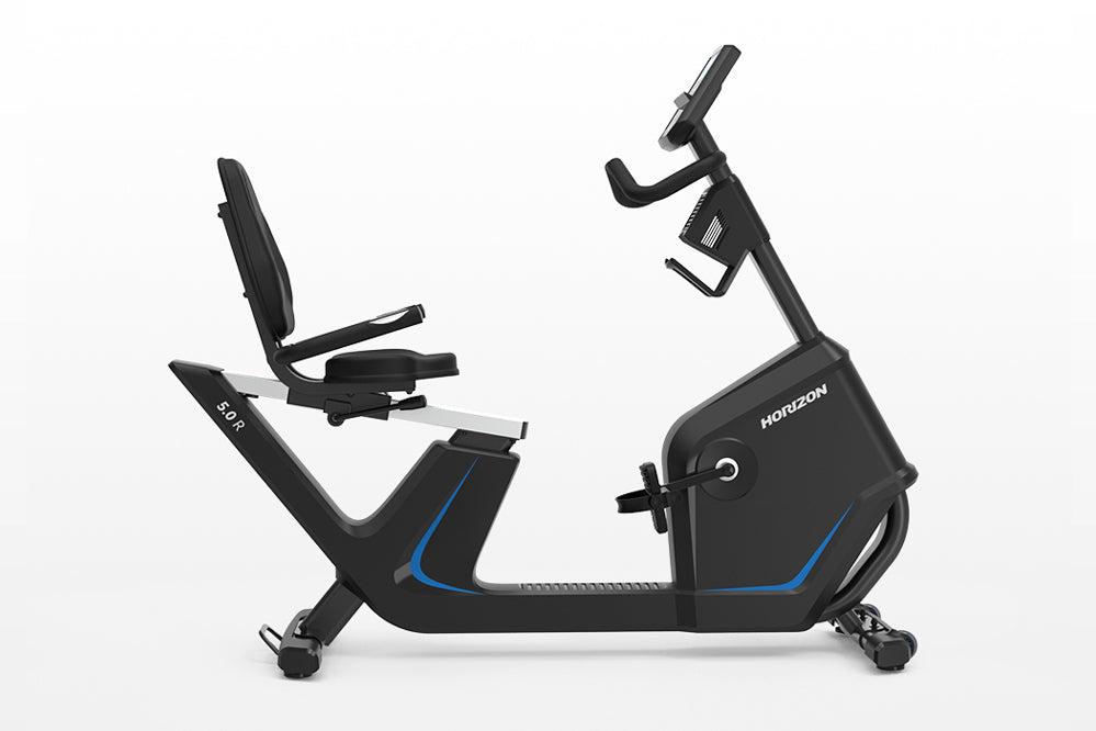 Horizon 5.0 R black recumbent exercise bike with blue accent stripe and digital console, side view on white background