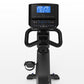 Black recumbent exercise bike with blue digital display console showing time, distance, and heart rate metrics, adjustable se
