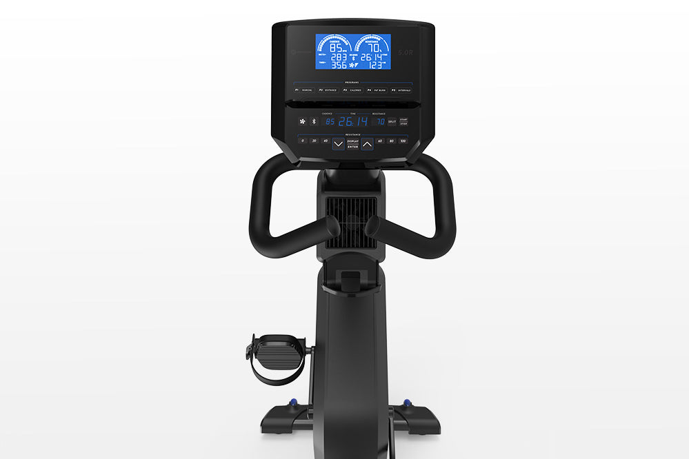 Black recumbent exercise bike with blue digital display console showing time, distance, and heart rate metrics, adjustable se