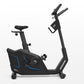 Black upright exercise bike with blue accent lines, adjustable seat, dual handlebars, and digital console on white background