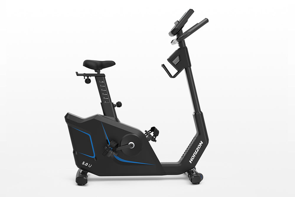 Black upright exercise bike with blue accent lines, adjustable seat, dual handlebars, and digital console on white background
