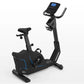 Black upright exercise bike with blue accent lines, digital display console, adjustable seat and handlebars, on white backgro