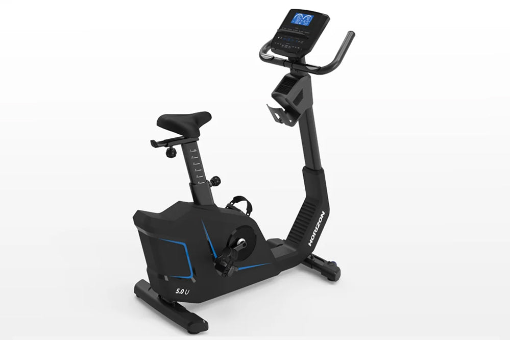 Black upright exercise bike with blue accent lines, digital display console, adjustable seat and handlebars, on white backgro