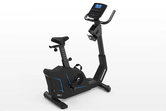 Black upright exercise bike with blue accent lines, digital display console, adjustable seat and handlebars, on white backgro