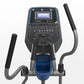 Black and gray elliptical machine with blue accents, dual handlebars, and digital display screen on white background