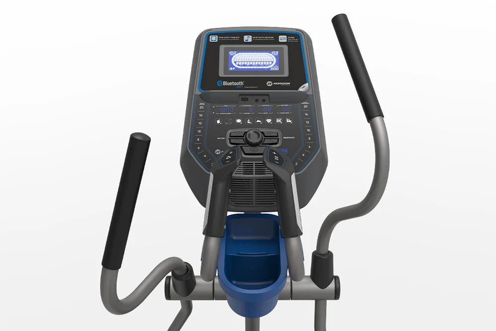 Black and gray elliptical machine with blue accents, dual handlebars, and digital display screen on white background