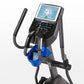 Horizon 7.0 AE elliptical machine with black frame, blue foot pedals, and tablet display showing workout metrics on white bac