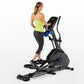 Woman wearing neon yellow tank top and black leggings using black Horizon elliptical machine with blue accents on white backg